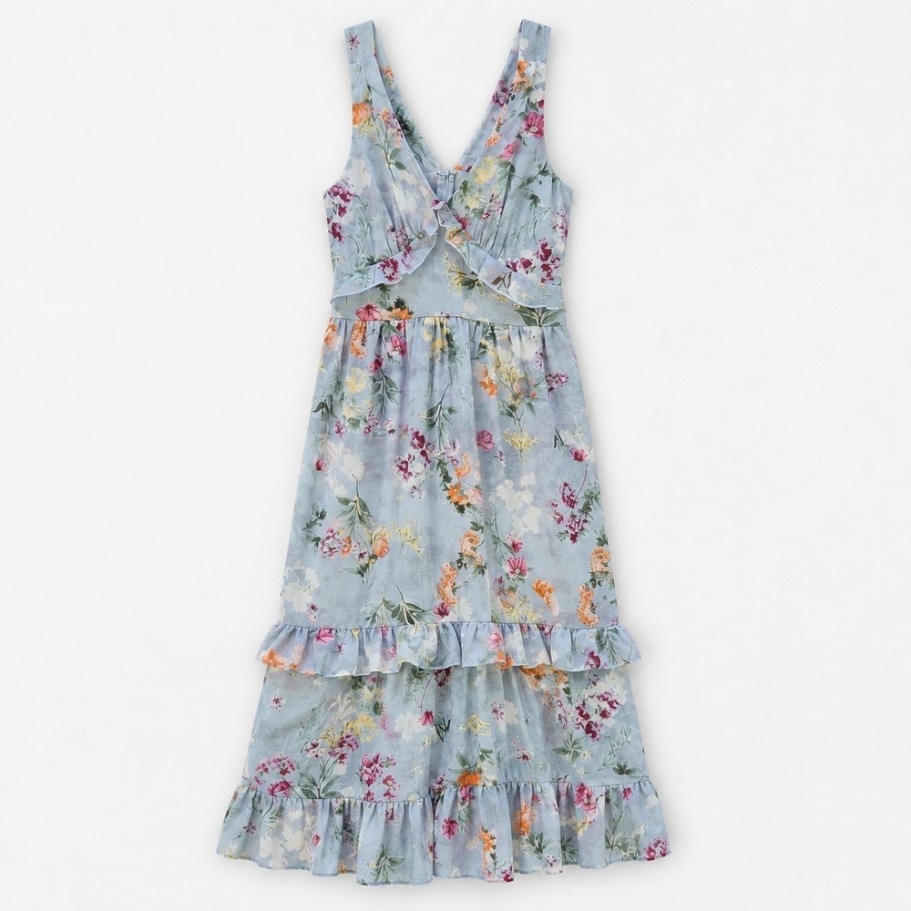 Urban Daizy M Floral Tiered Maxi Dress Ruffle V Neck Blue Gray Boho